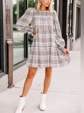 Anthropologie x by the River | plaid long-sleeve babydoll dress
